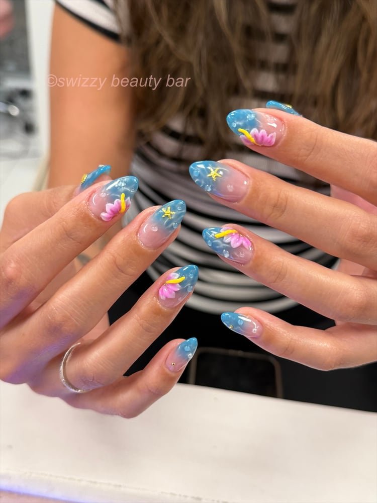 Watercolor 3D Floral nail art at Swizzy Beauty Bar, Japanese gel nails Flushing NY