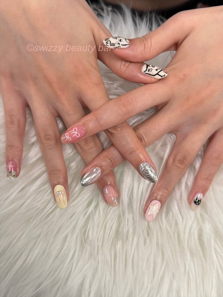 Cartoon Bows & Cat nail art at Swizzy Beauty Bar, Japanese gel nails Flushing NY