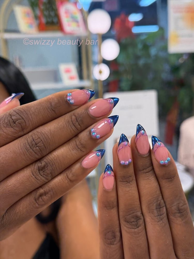 Blue Chrome Dots nail art at Swizzy Beauty Bar, Japanese gel nails Flushing NY