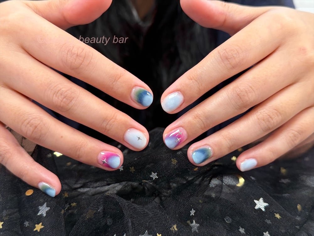 Purple Blue Ombre French nail art at Swizzy Beauty Bar, Japanese gel nails Flushing NY